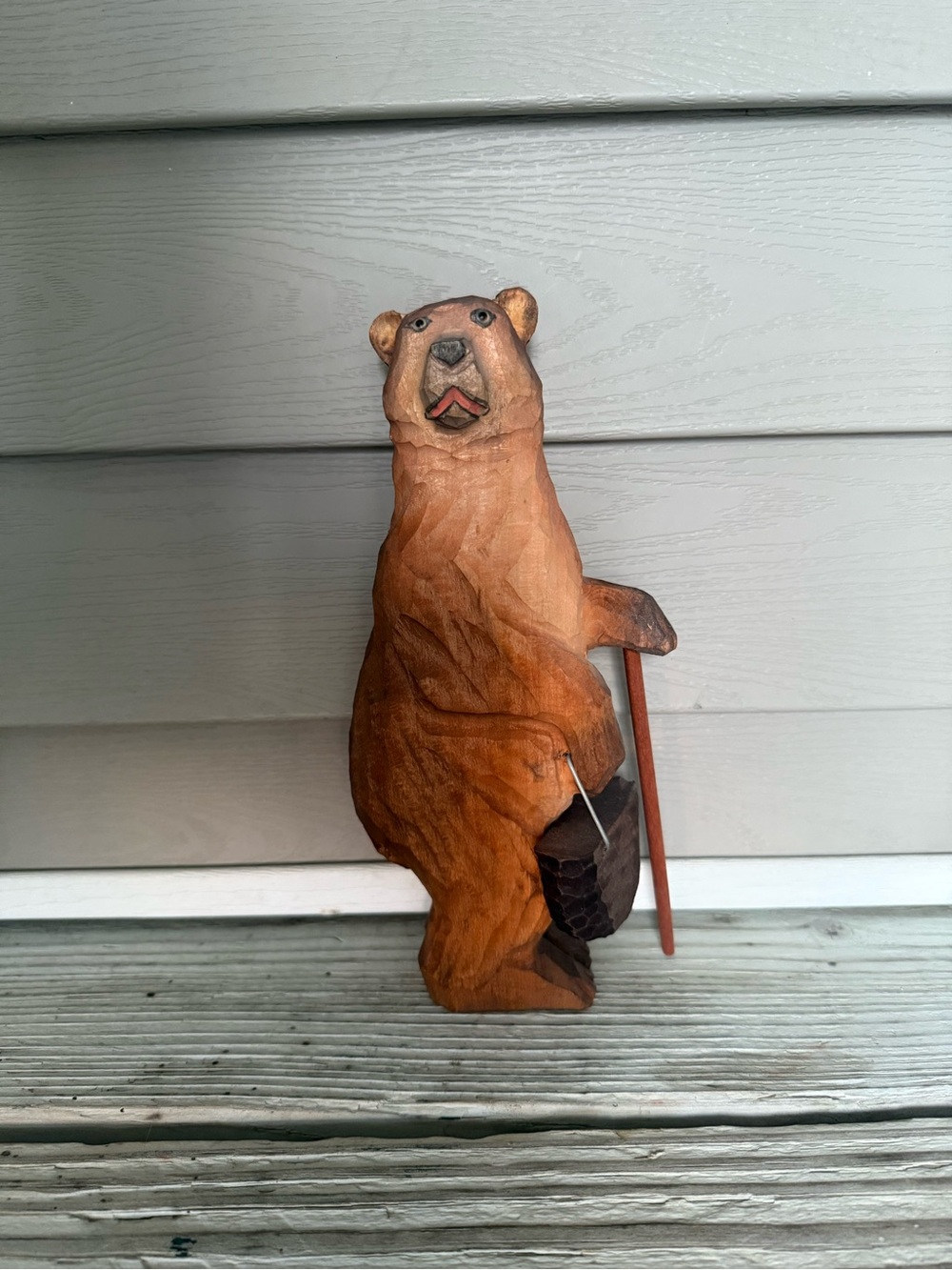 Vintage Hand-Carved Wooden Bear Figurine with Walking Stick and Basket